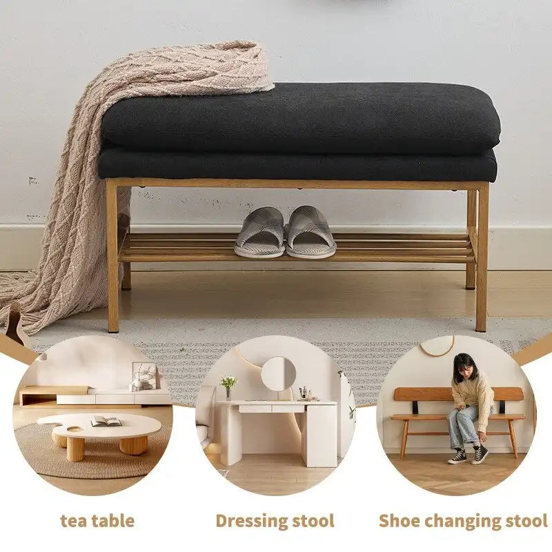 Banc à chaussures capitonné en lin avec rangement