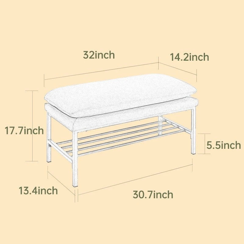 Banc à chaussures capitonné en lin avec rangement