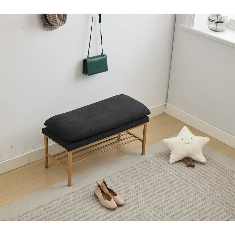 Banc à chaussures capitonné en lin avec rangement