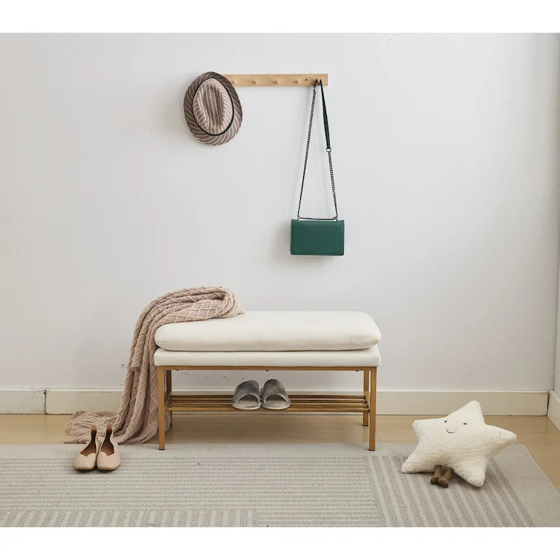 Banc à chaussures capitonné en lin avec rangement