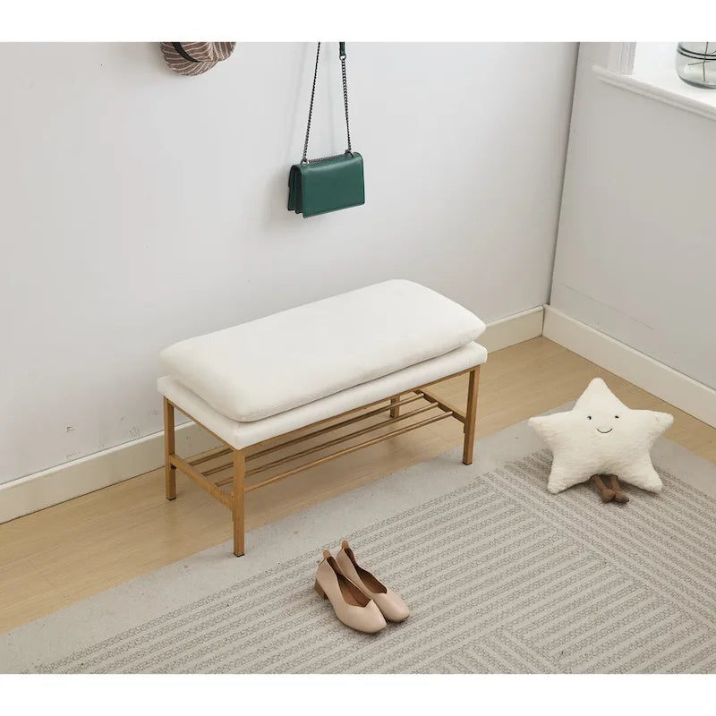 Banc à chaussures capitonné en lin avec rangement