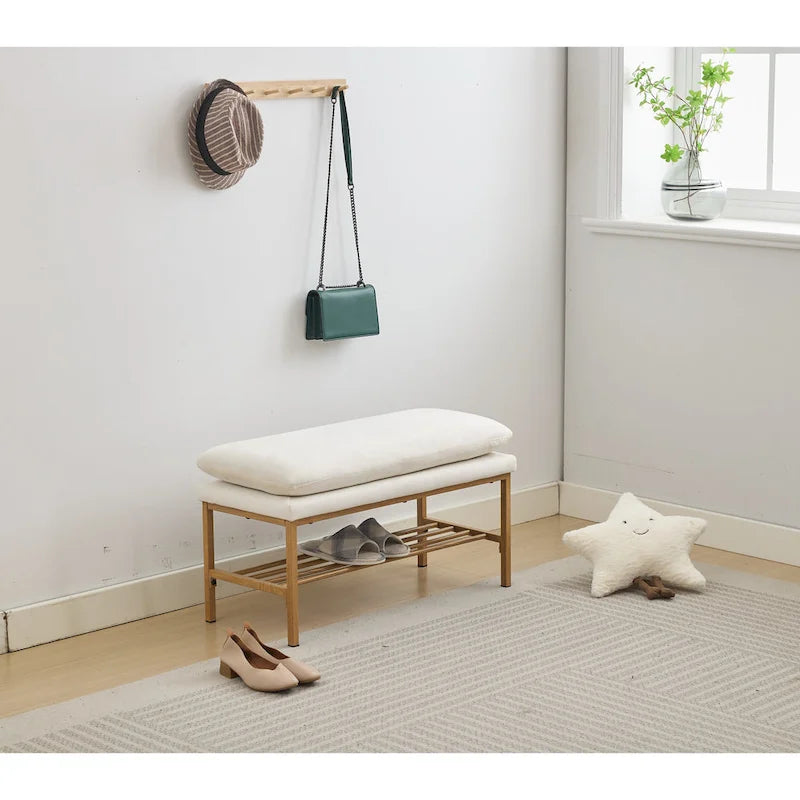 Banc à chaussures capitonné en lin avec rangement