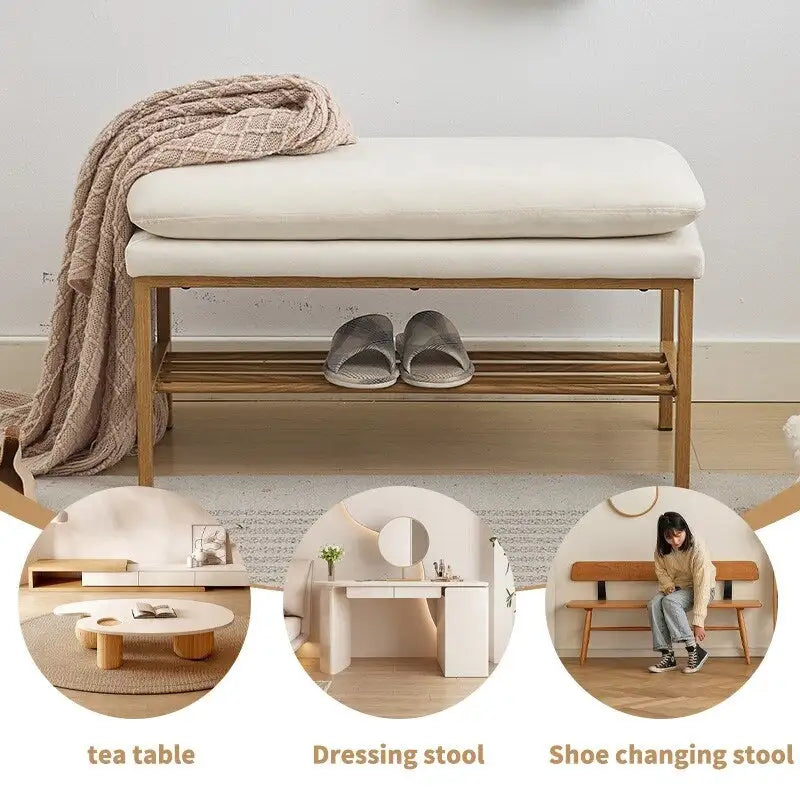 Banc à chaussures capitonné en lin avec rangement