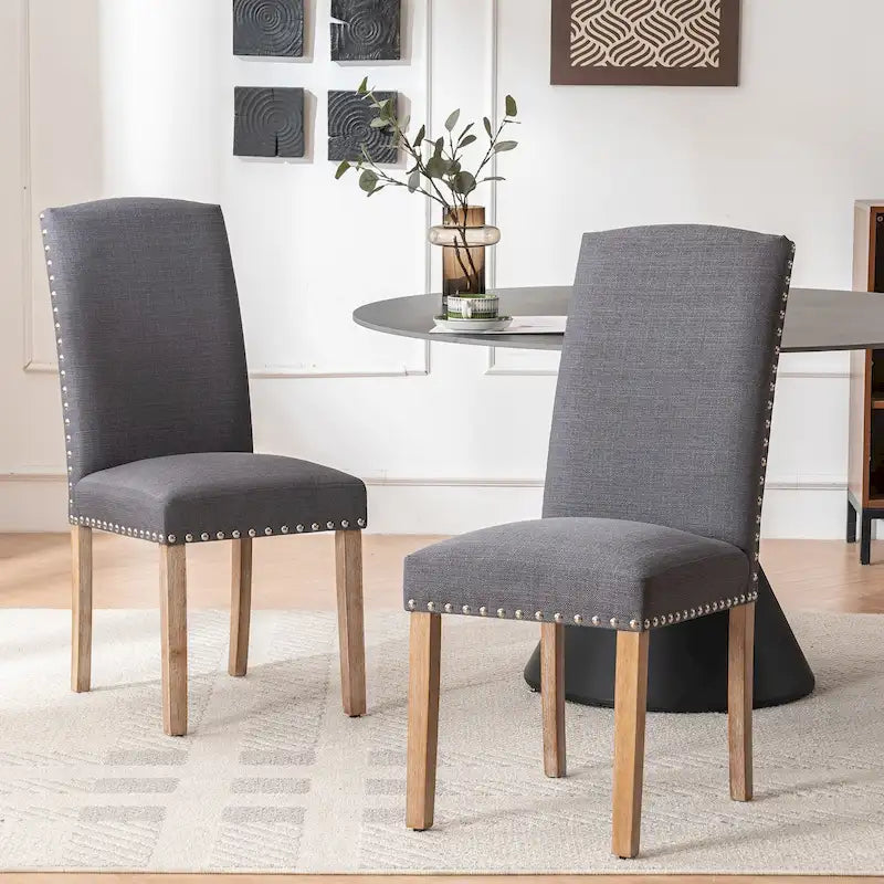 Chaises de salle à manger en tissu gris avec garniture cloutée