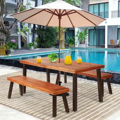 Costway 3 Pieces Picnic Table Set Acacia Wood Table Bench with Steel