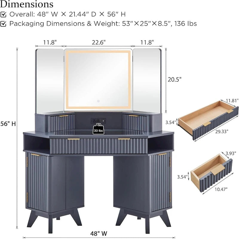 Coiffeuse moderne cannelée avec miroir éclairé 3 voies