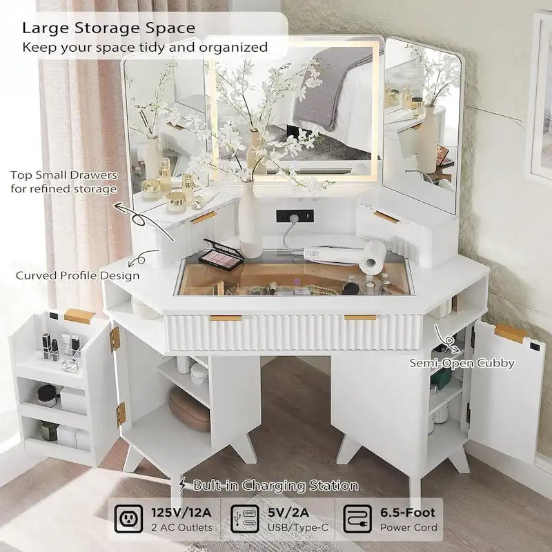 Coiffeuse moderne cannelée avec miroir éclairé 3 voies