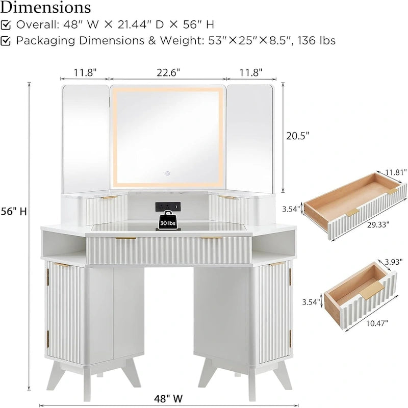 Coiffeuse moderne cannelée avec miroir éclairé 3 voies