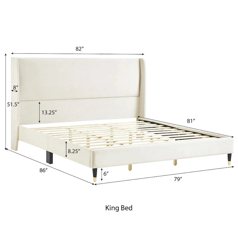 Lit plateforme beige avec tête de lit et oreilles en velours