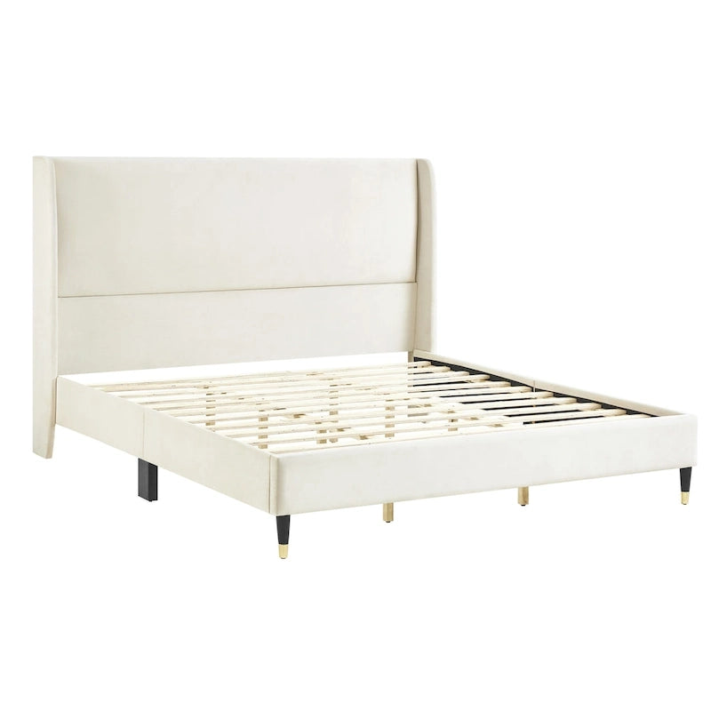 Lit plateforme beige avec tête de lit et oreilles en velours