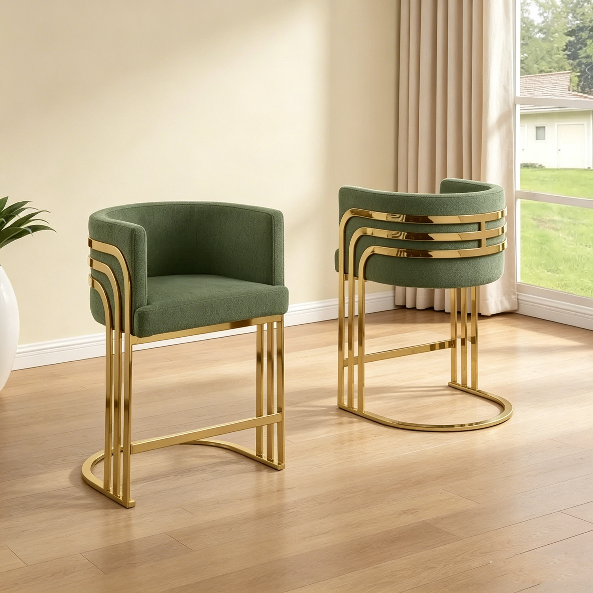 Tabouret de bar en tissu avec base chromée dorée