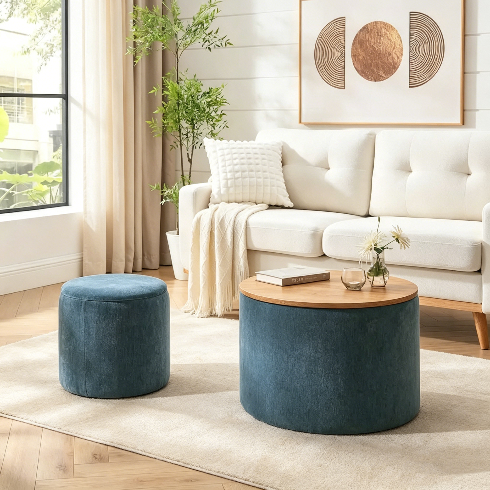 Pouf de rangement rond en chenille