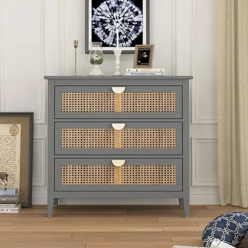 Meuble de rangement en rotin à 3 tiroirs pour chambre à coucher et salon