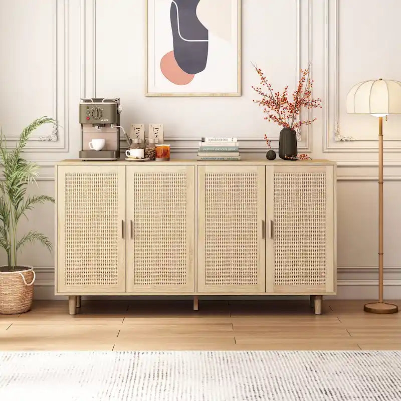 Meuble de rangement décoratif fonctionnel en rotin à 4 portes