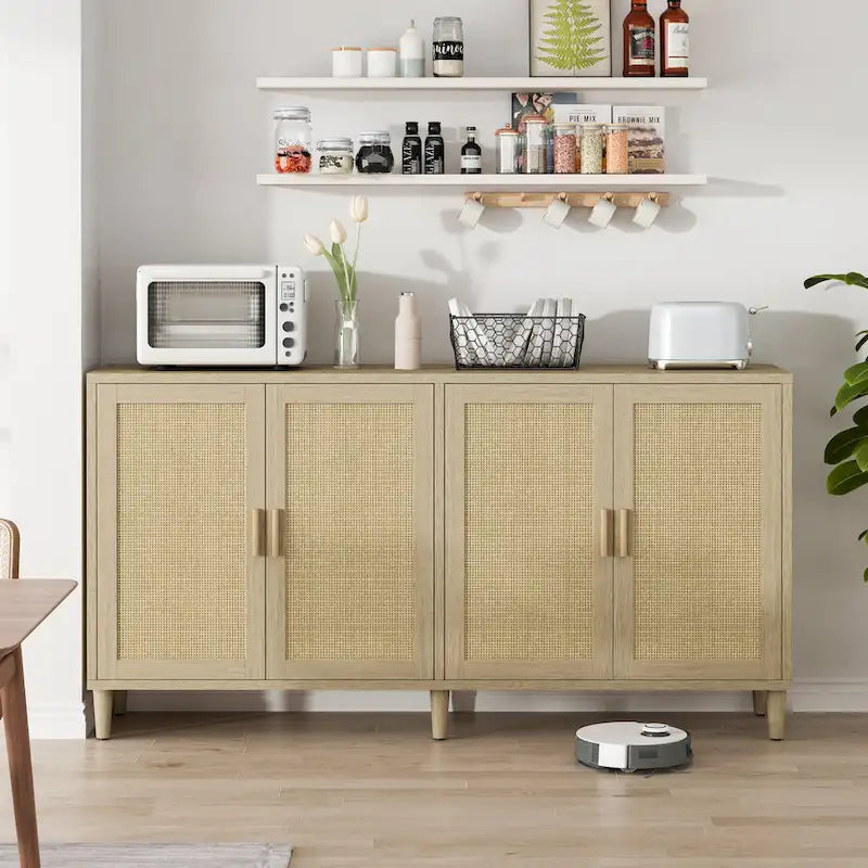 Meuble de rangement décoratif fonctionnel en rotin à 4 portes