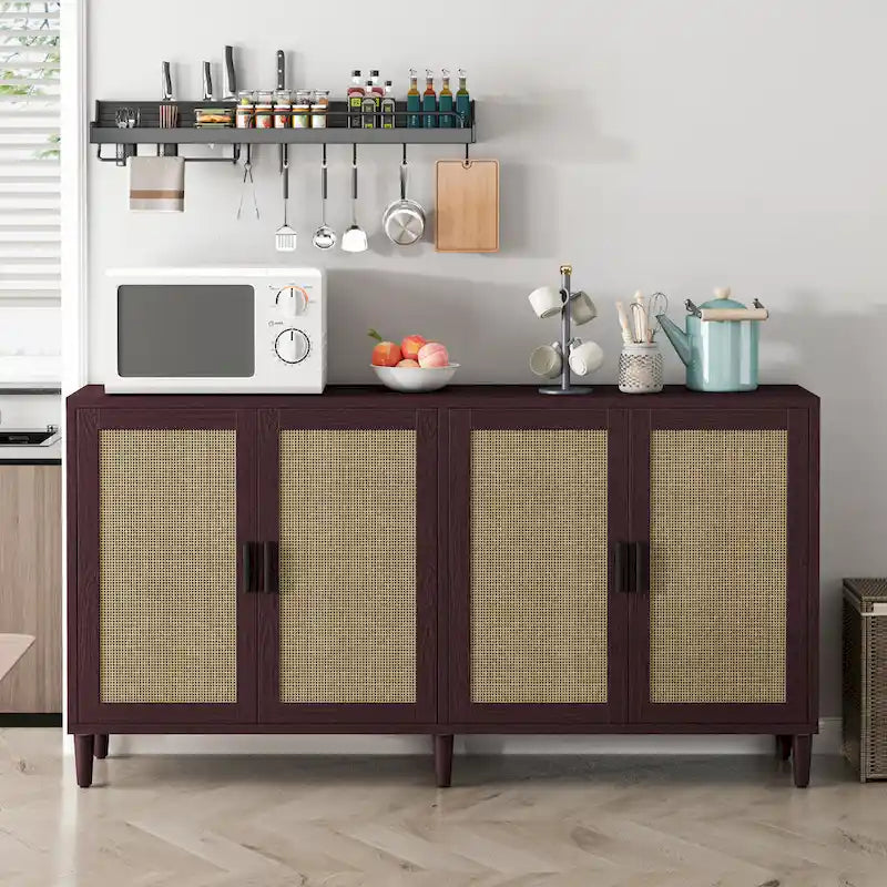 Meuble de rangement décoratif fonctionnel en rotin à 4 portes