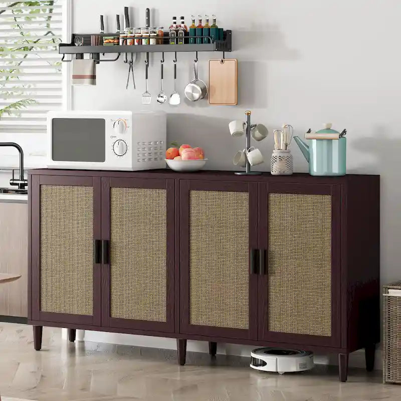Meuble de rangement décoratif fonctionnel en rotin à 4 portes
