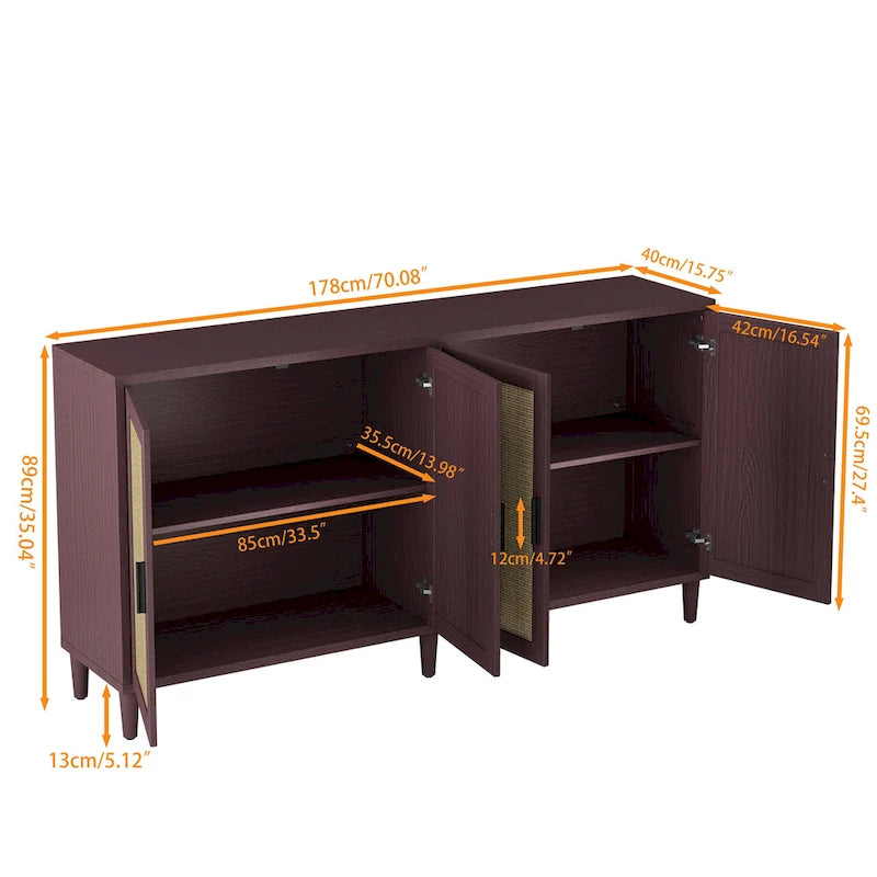 Meuble de rangement décoratif fonctionnel en rotin à 4 portes
