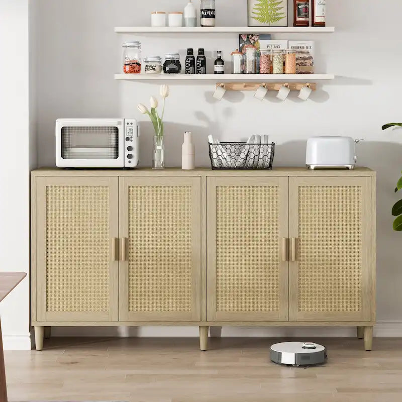 Meuble de rangement décoratif fonctionnel en rotin à 4 portes