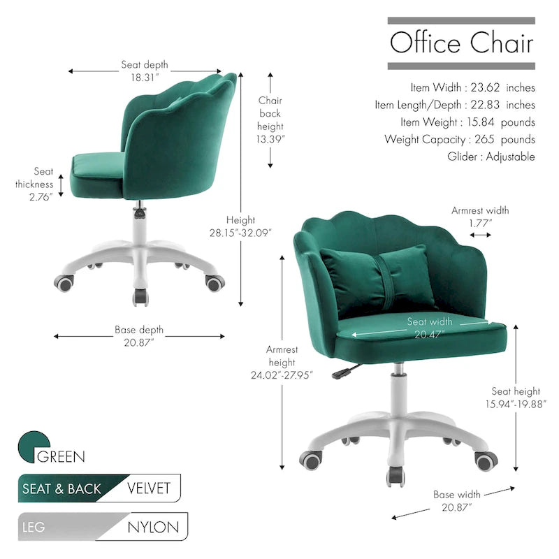 Chaise de bureau en velours festonné avec base en nylon
