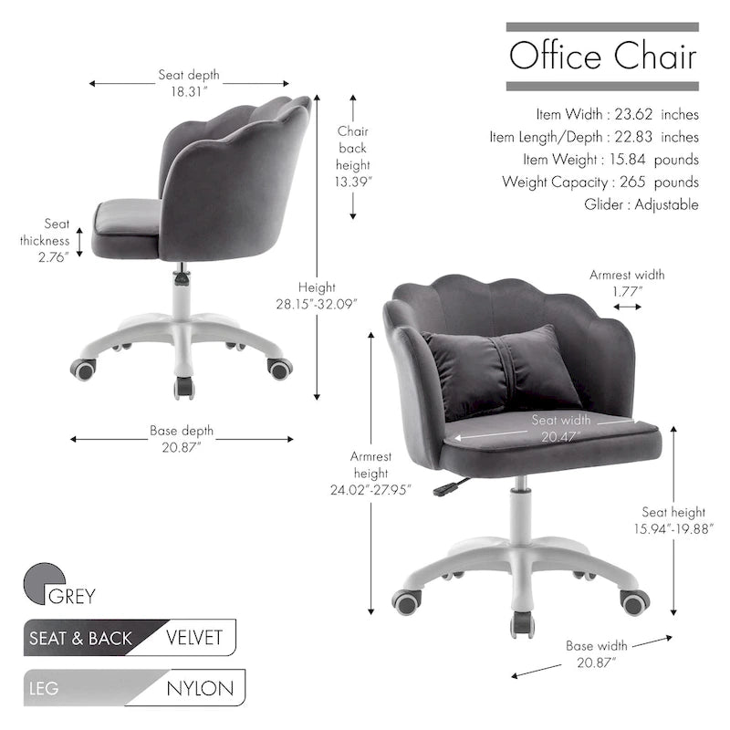 Chaise de bureau en velours festonné avec base en nylon
