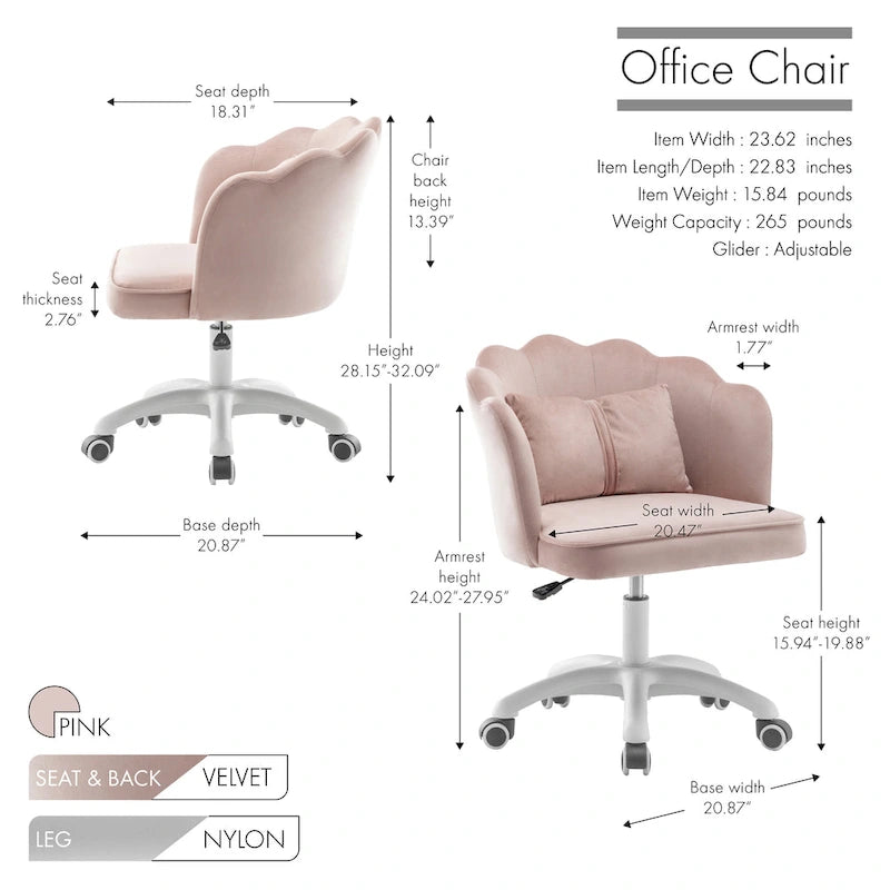 Chaise de bureau en velours festonné avec base en nylon