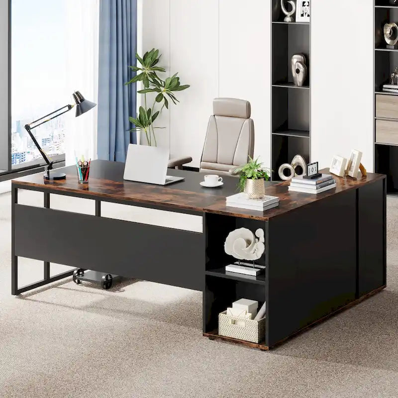 Bureau de direction en L avec caisson de rangement