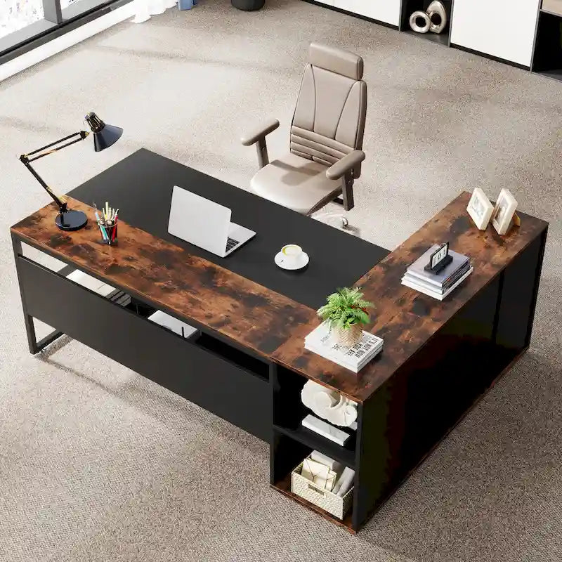 Bureau de direction en L avec caisson de rangement