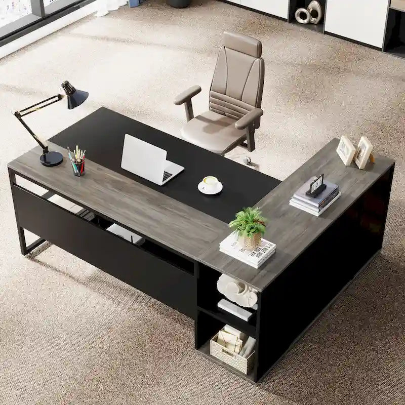 Bureau de direction en L avec caisson de rangement