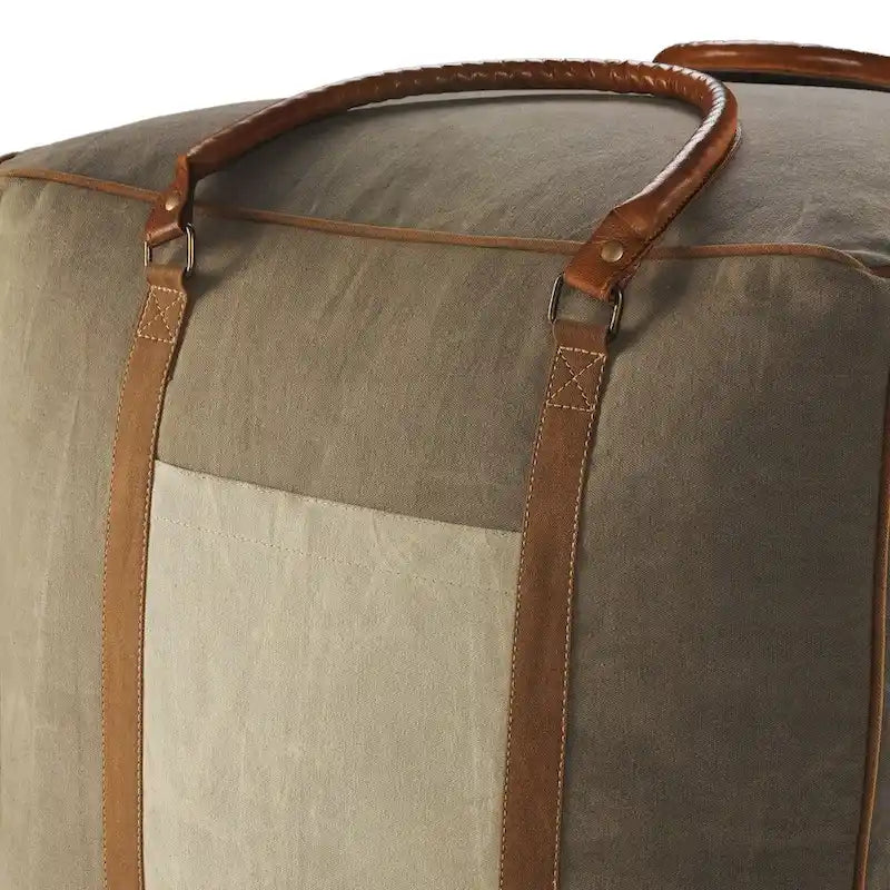 Pouffe carré fait main en similicuir gris ivoire avec poignées