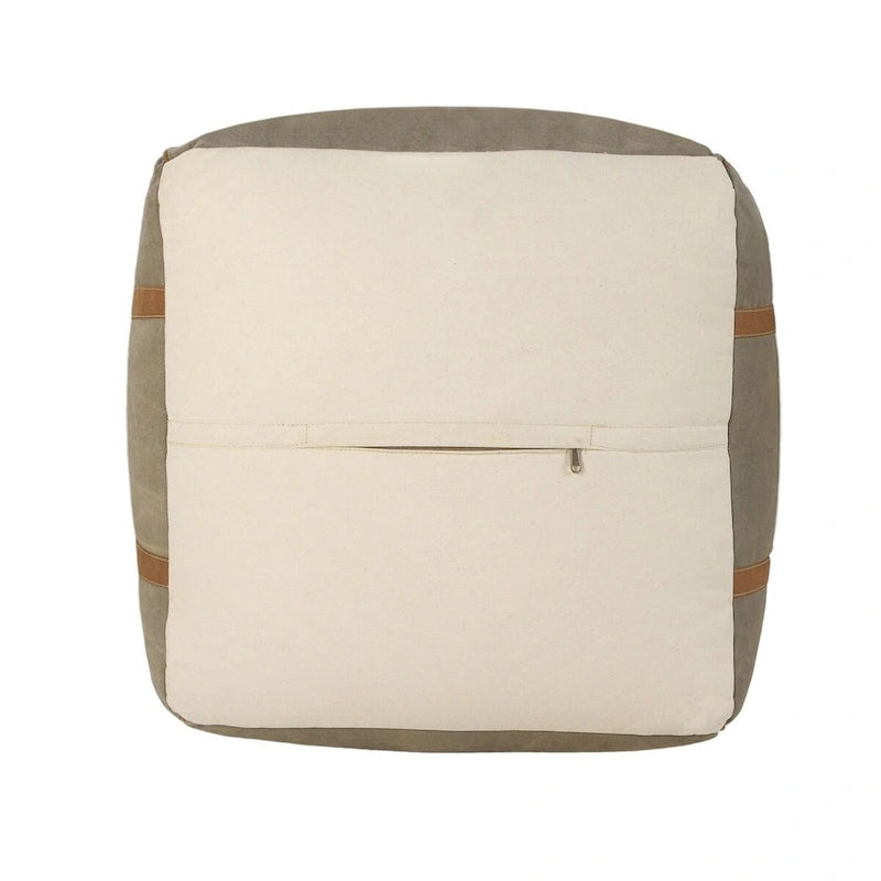 Pouffe carré fait main en similicuir gris ivoire avec poignées