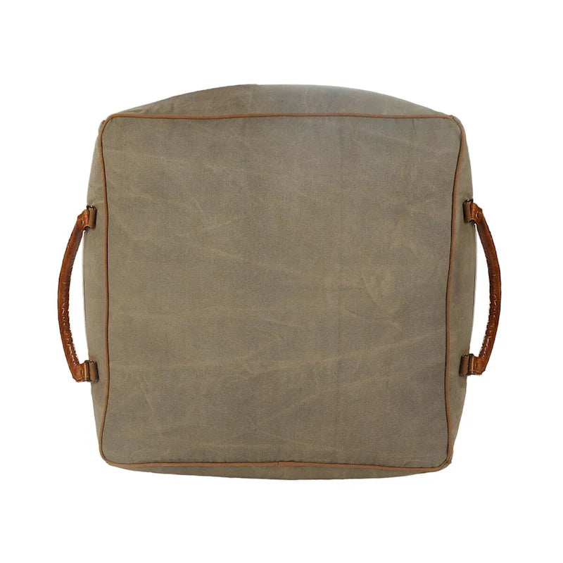 Pouffe carré fait main en similicuir gris ivoire avec poignées