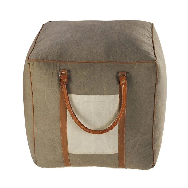 Pouffe carré fait main en similicuir gris ivoire avec poignées