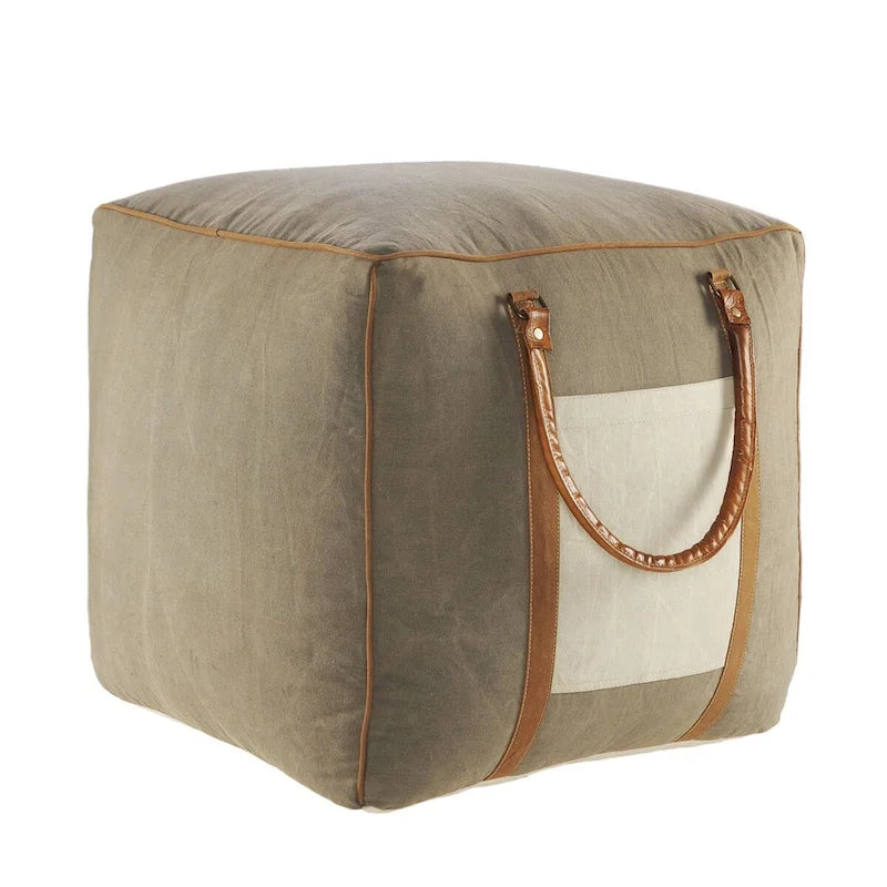 Pouffe carré fait main en similicuir gris ivoire avec poignées