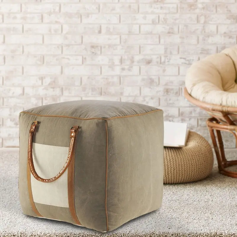 Pouffe carré fait main en similicuir gris ivoire avec poignées