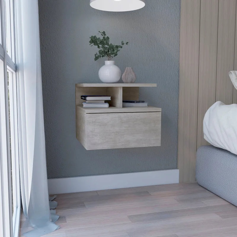 Table de chevet flottante, murale avec tiroir simple et étagère à 2 niveaux