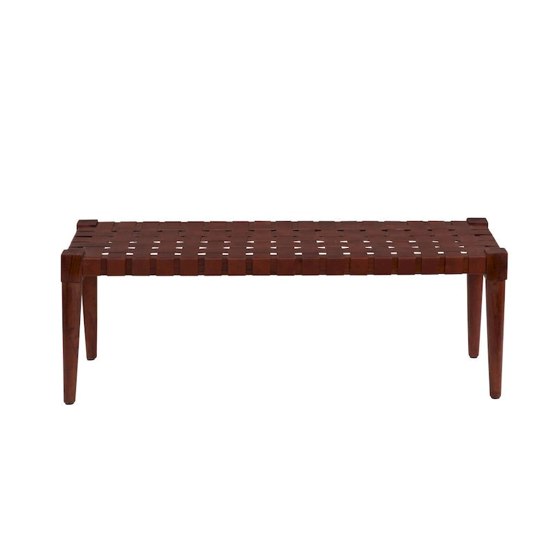 Banc décoratif en cuir tressé et bois massif